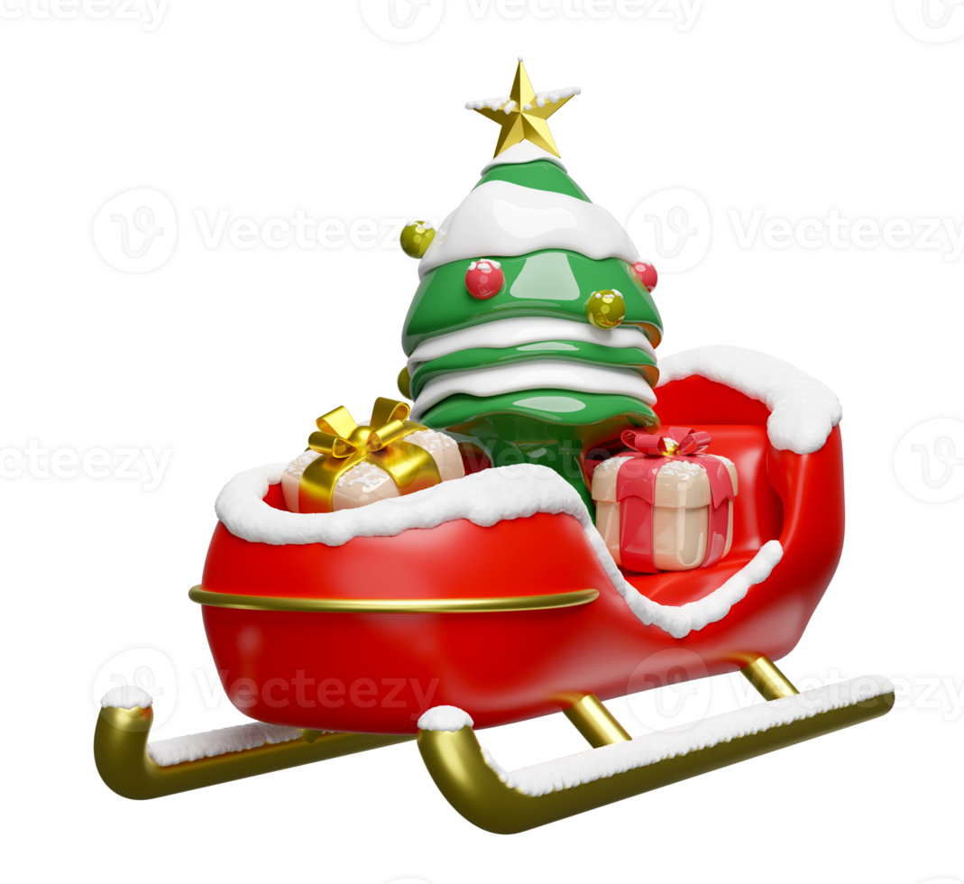 3d sleigh with pine tree, gift box. merry christmas and happy new year, 3d render illustration png