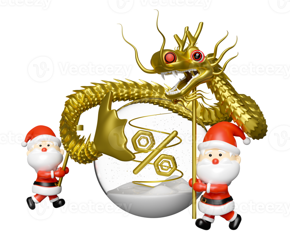 3d guld kinesisk drake dansa med santa claus, snö klot jul dekorativ glas transparent, procentsats, rabatt försäljning. glad jul och Lycklig ny år, 3d framställa illustration png