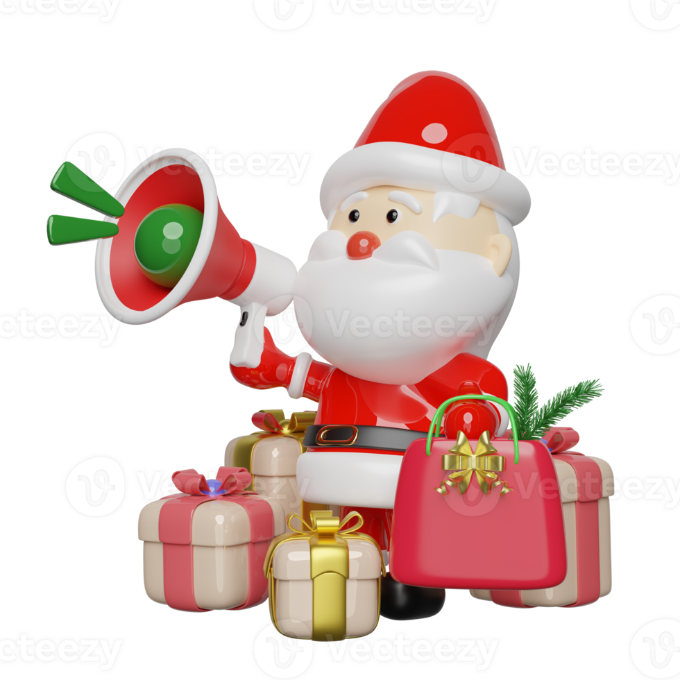 3d de kerstman claus met boodschappen doen papier Tassen, goud lint, pijnboom bladeren, geschenk doos, megafoon of hand- spreker, aankondigen Promotie nieuws. vrolijk Kerstmis en gelukkig nieuw jaar, 3d geven illustratie png