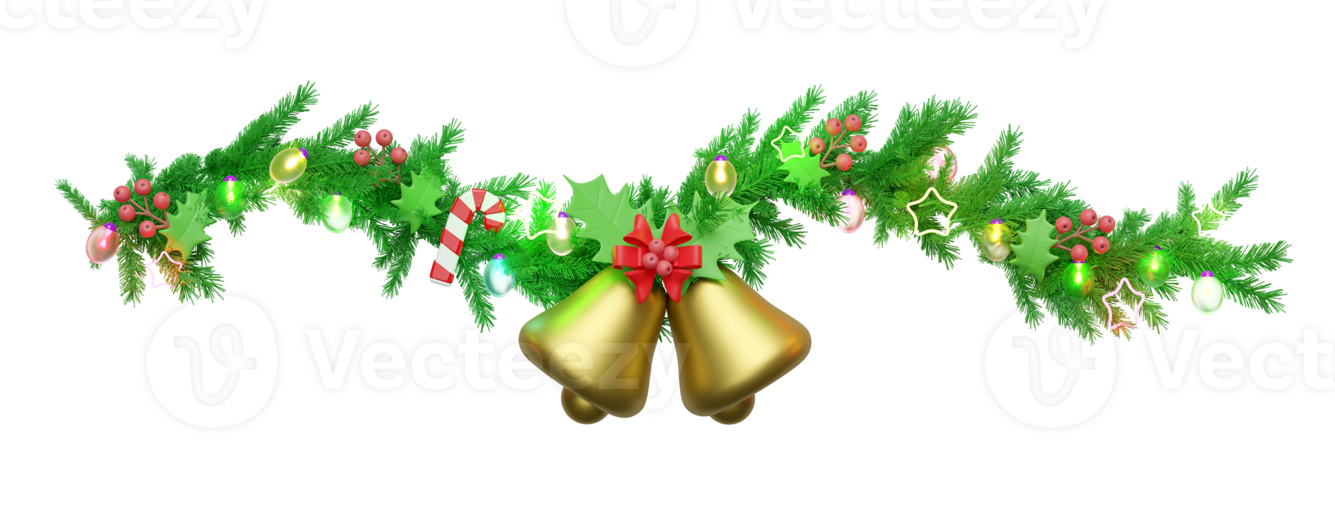 Decorated with branches of pine trees, Jingle bell, candy cane, red bow, holly berry leaves, clear glass lantern garlands, star. merry christmas and happy new year, 3d render illustration png
