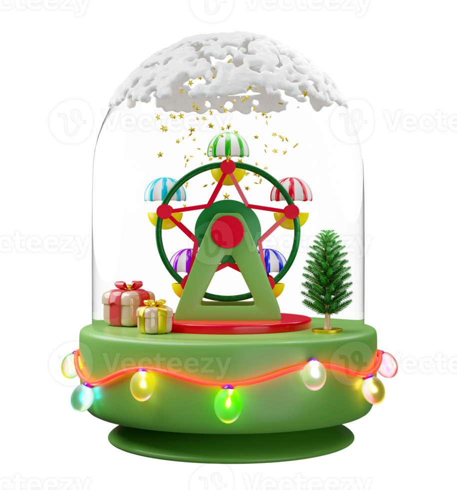 3d musical box with ferris wheel, glass transparent lamp garlands, gift box, christmas tree, christmas glass dome. merry christmas and happy new year, 3d render illustration png