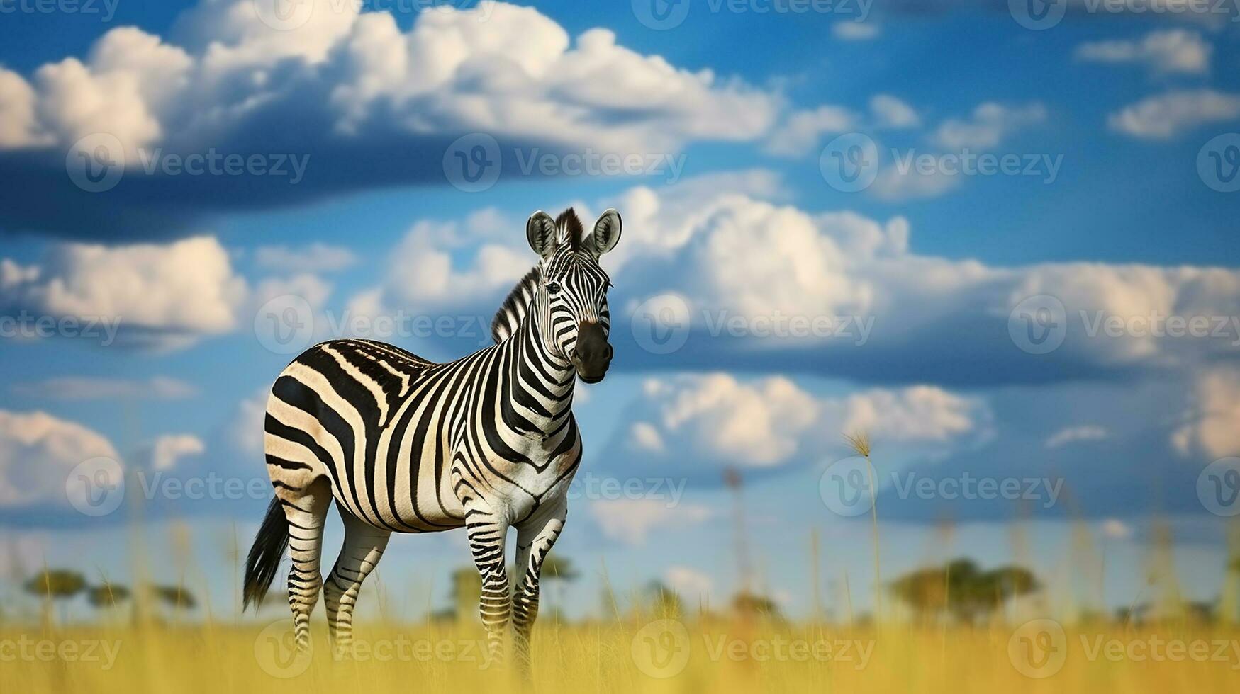 Wild Zebra Embraces the Green Meadow under Dramatic Skies, Wildlife nature. Generative AI photo