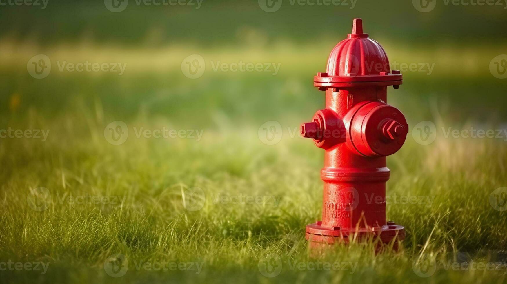 Bright red isolated fire hydrant sits in a freshly cut grass field, Generative AI photo