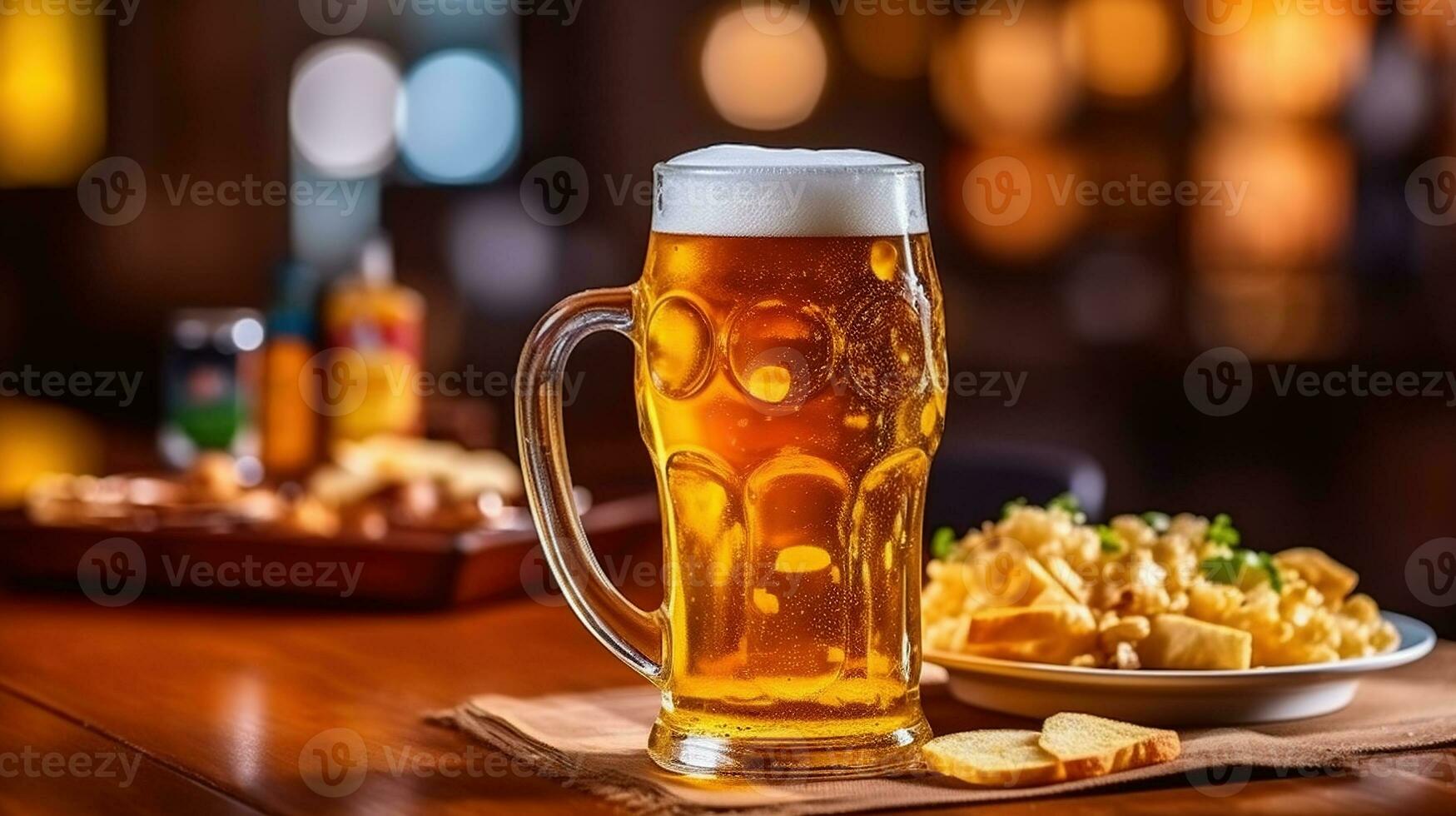 Refreshing Indulgence, Cold, Clear Beer with Foam in a Faceted Glass, Perfectly Paired with Pub Snacks. Generative AI photo