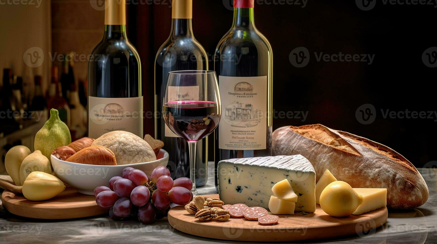 Three bottles of wine and two half filled glasses of red wine on kitchen with baked cakes, with a selection of cheeses, Generative AI photo