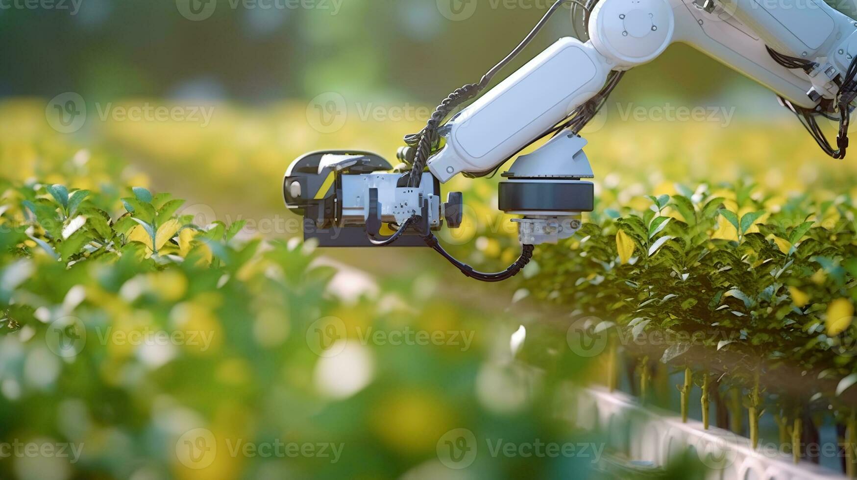 Smart robot farmers working on plantation, picking plants with robotic arms, future agriculture. Generative AI photo
