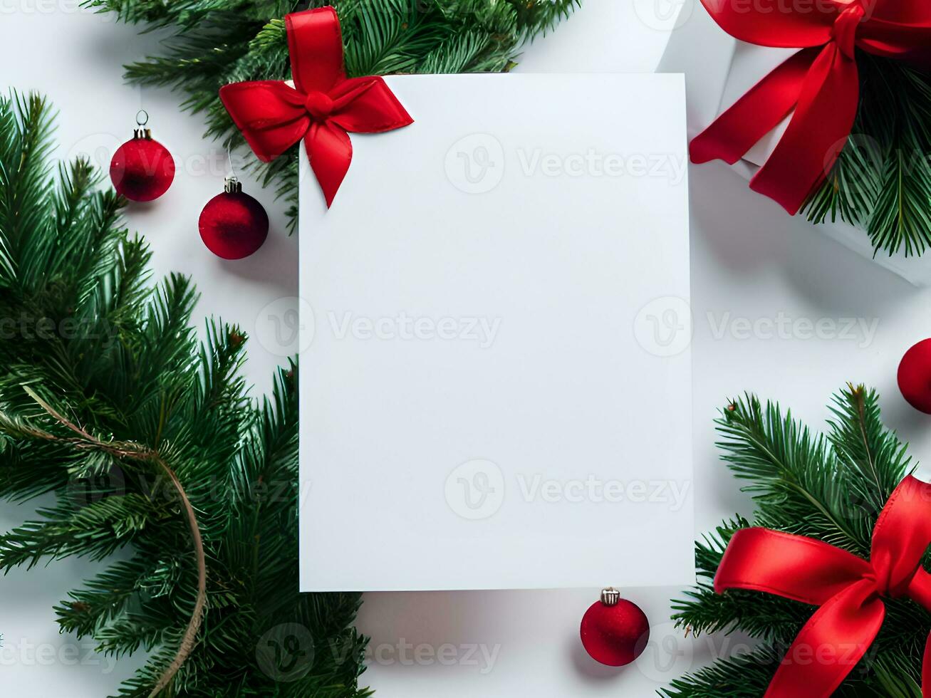 Blank paper card with Christmas Decoration objects  around - Generated image photo