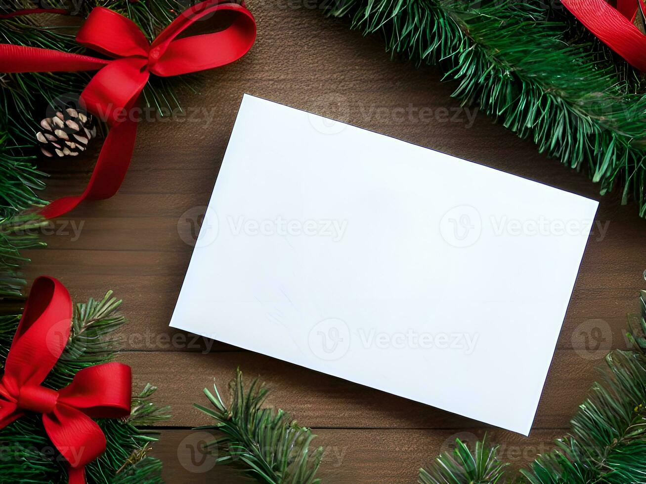 blanco papel tarjeta con Navidad decoración objetos alrededor - generado imagen foto