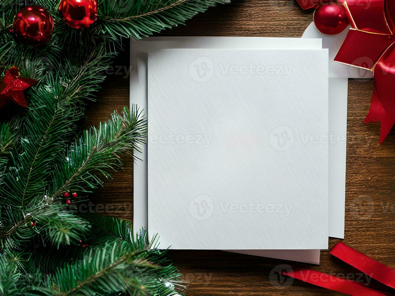 Blank paper card with Christmas Decoration objects  around - Generated image photo