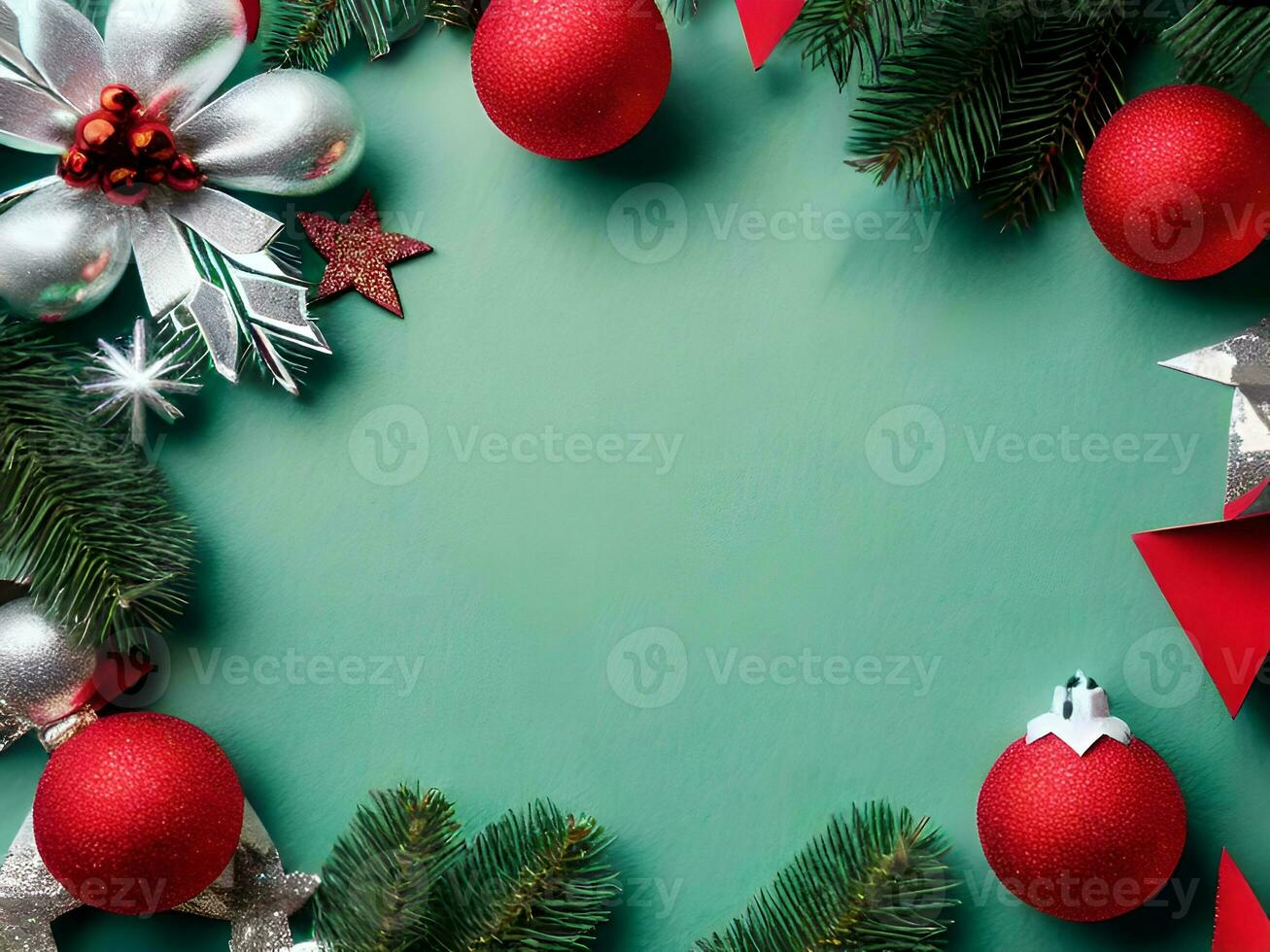 Blank green Christmas background with decoration objects around  - Generated image photo