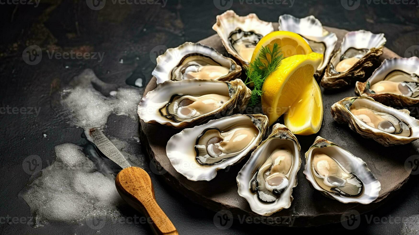 Raw oysters on a round stone Board with lemon, On dark rustic background, Generaive AI photo