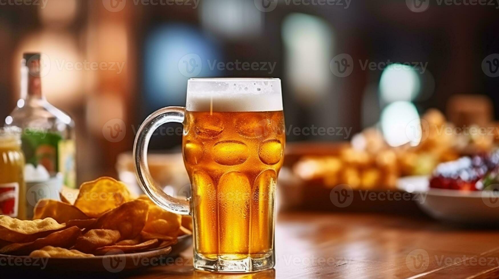 Cold, clear, light beer with foam in a faceted glass on the table with snacks in the pub. Generative AI photo