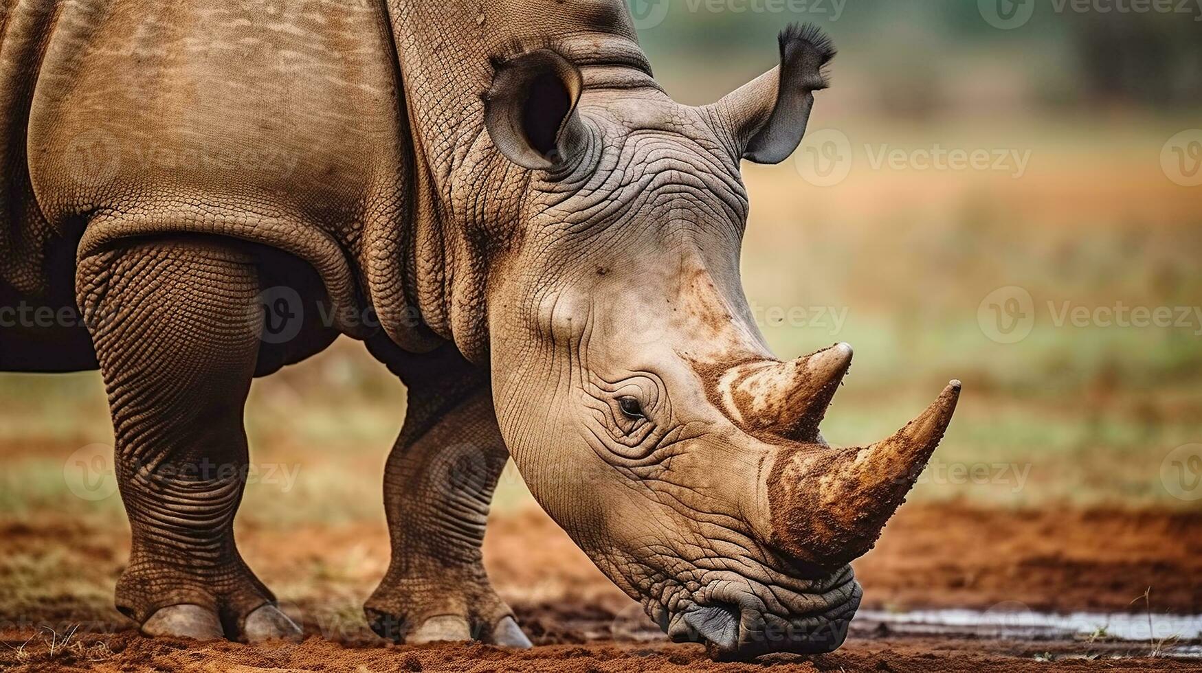 Rhino in the Savannah - Mud, Grass, and Serene Beauty. Generative AI photo