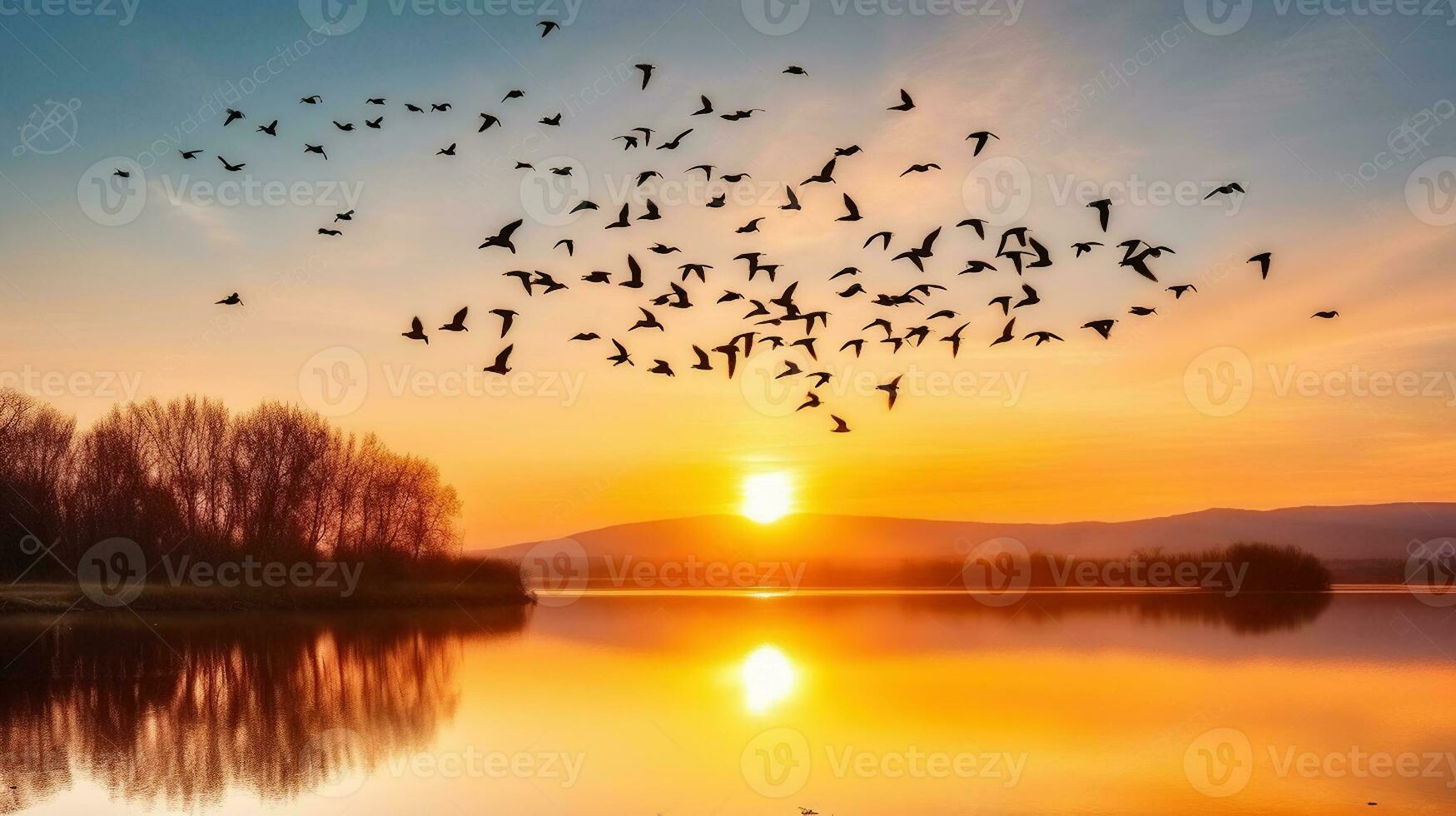 Silhouette of birds flying above the lake at amazing sunset, Generative AI photo