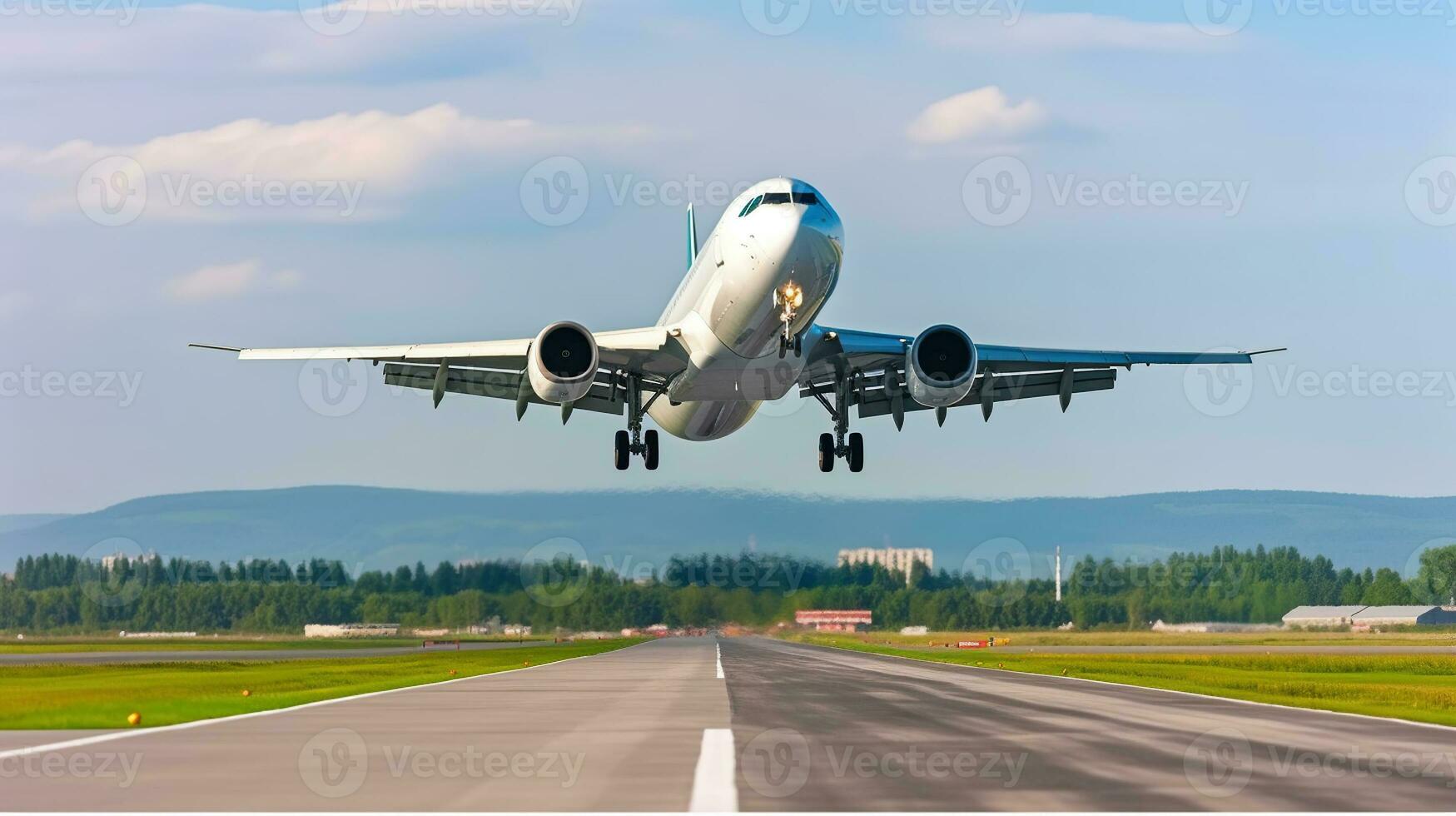 White Passenger plane fly up over take-off runway from airport, Generative AI photo