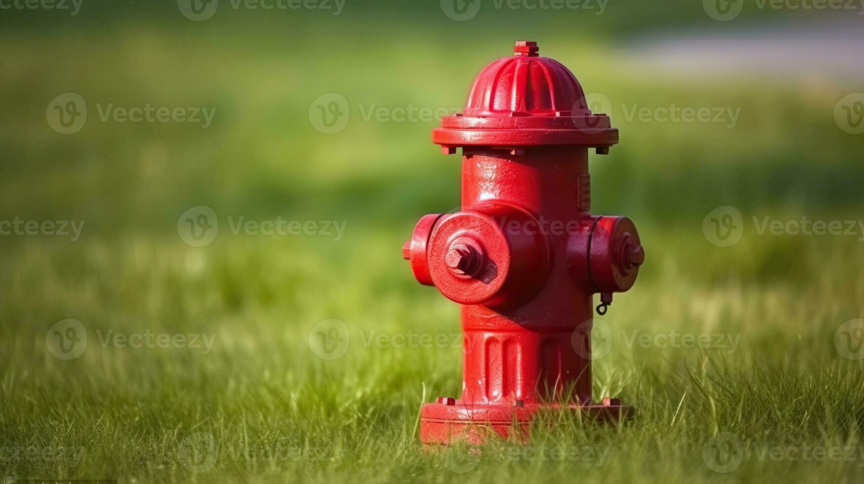 Bright red isolated fire hydrant sits in a freshly cut grass field, Generative AI photo