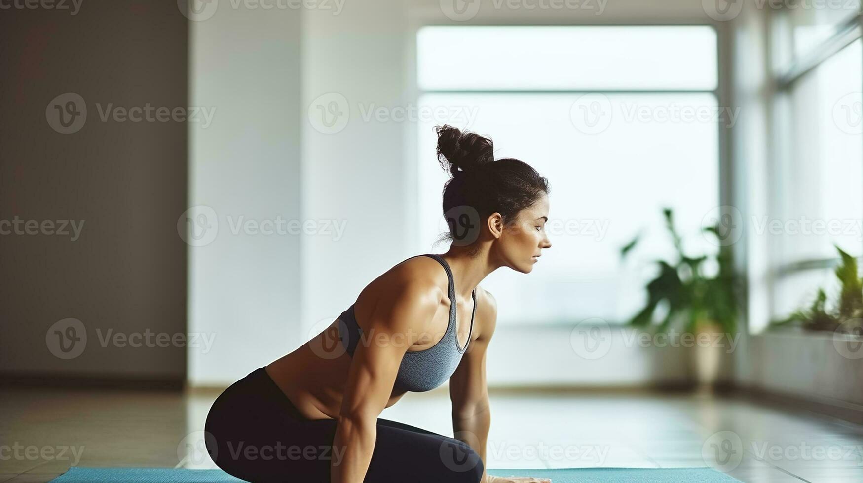 Side view of anonymous fit female athlete in sportswear stretching arms and back while practicing fitness on mat indoors, Generative AI photo