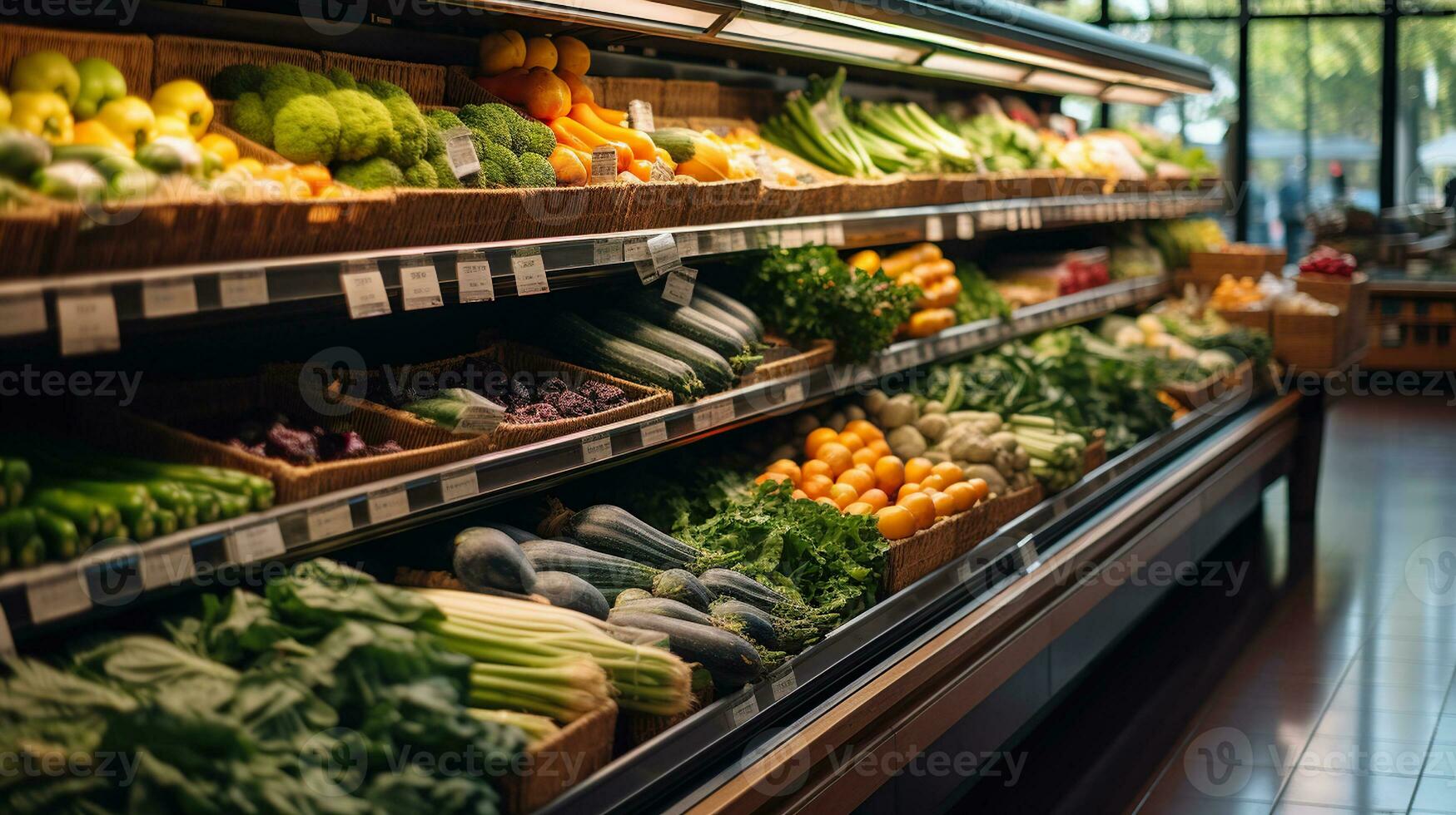 Colorful Harvest Haven. Exploring a Vibrant Grocery Aisle Bursting with Fresh Produce. Generative AI photo
