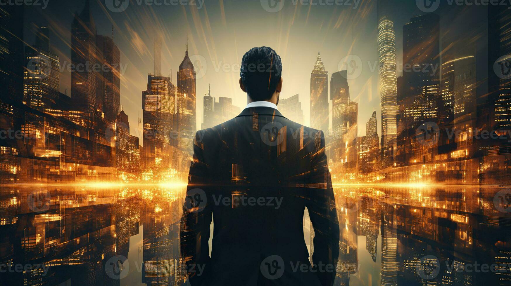 Ambitious businessman portrait plan financial or real estate strategy with double exposure urban cityscape skyscraper background as concept for commercial district concept. Generative AI photo