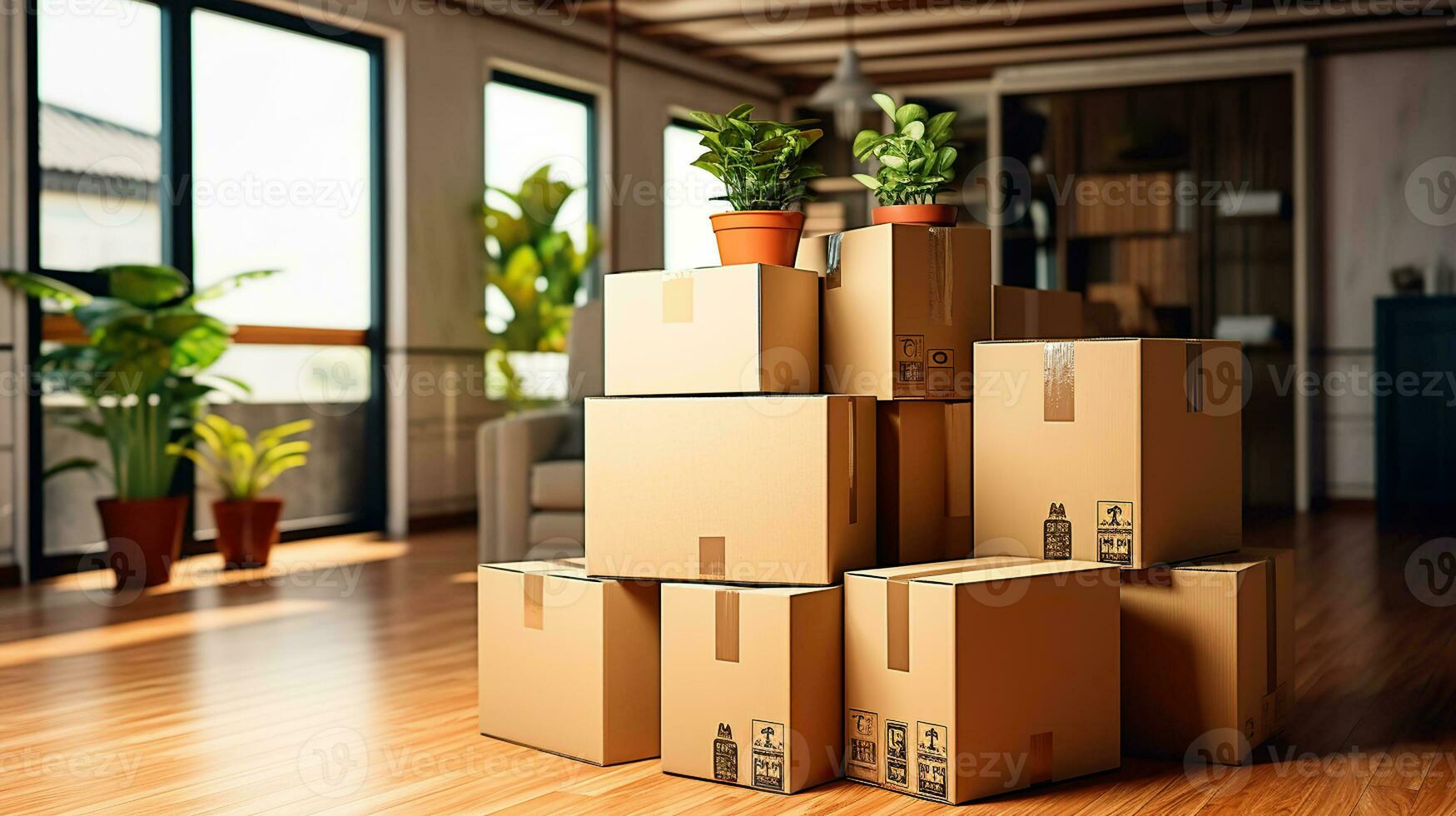 Stack of classic cardboard boxes in room. Generative AI photo