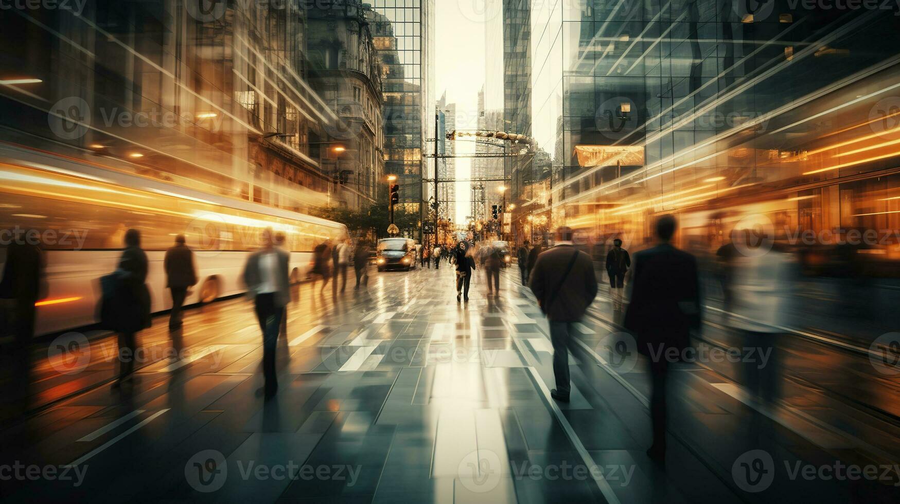 Bustling business environment with layers of movement and activity merging together in a striking way. Blurred busy street scene with crowds of people. Generative AI photo