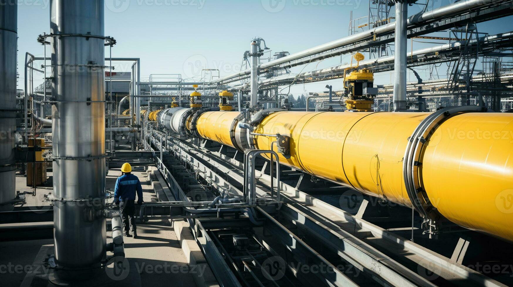 refinería del trabajador aéreo perspectiva en gas instalaciones. generativo ai foto