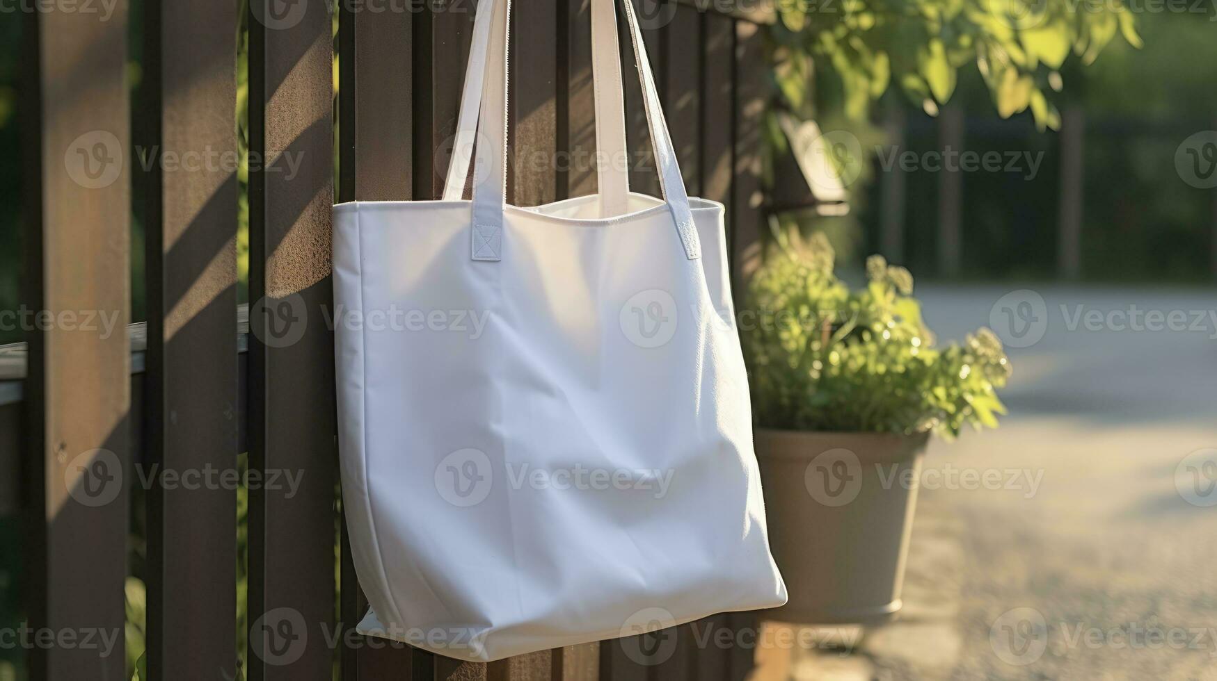 A White Linen Tote Bag Perched on a Wooden Fence. Generative AI photo