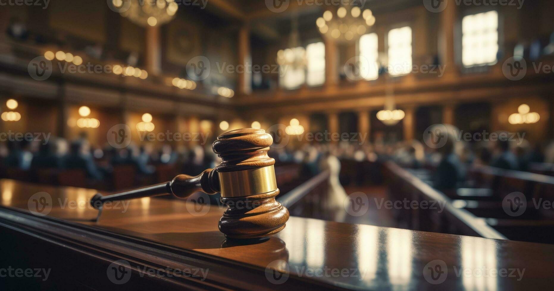 A Gavel Poised on the Tabletop Against a Blurred Courtroom Backdrop. Generative AI photo