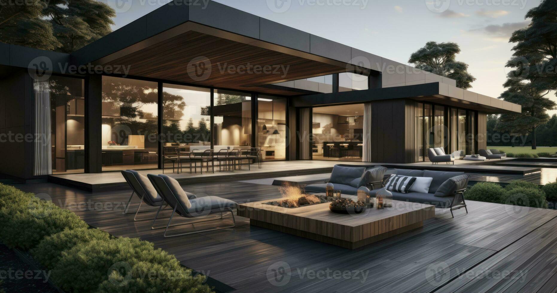 A Modern Villa with a Tranquil Terrace and Open Living Design. Generative AI photo
