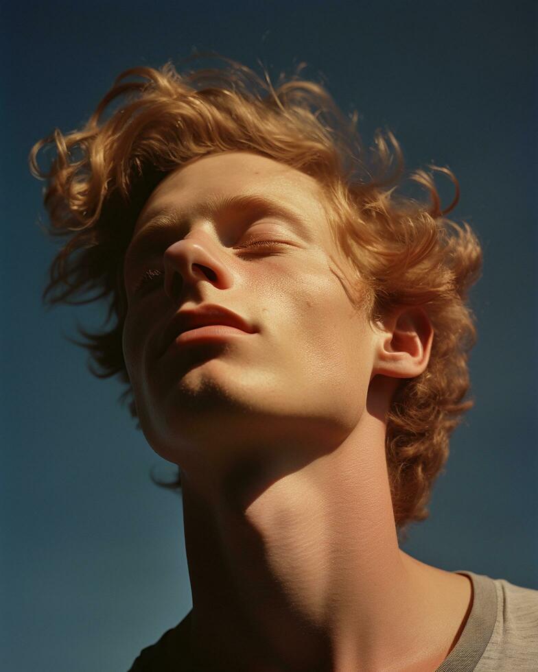 Portrait of young male model with rays light shadow overlay on his face, calm emotional expression, AI Generated photo