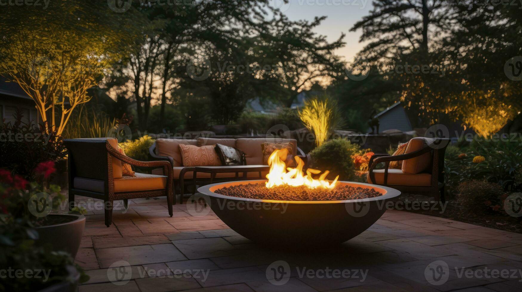 A Backyard Oasis Centered Around a Unique Fire pit. Generative AI photo