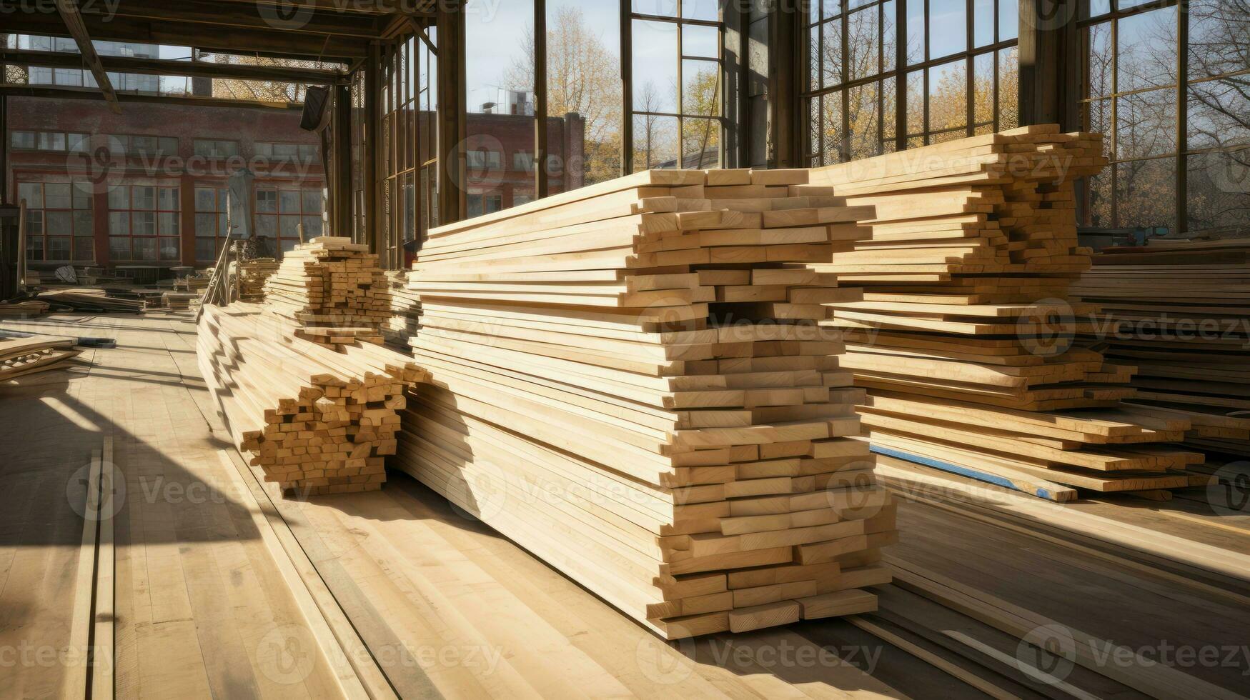 Stacked and Stored - Wood plank deposit store on a construction site. Generative AI photo