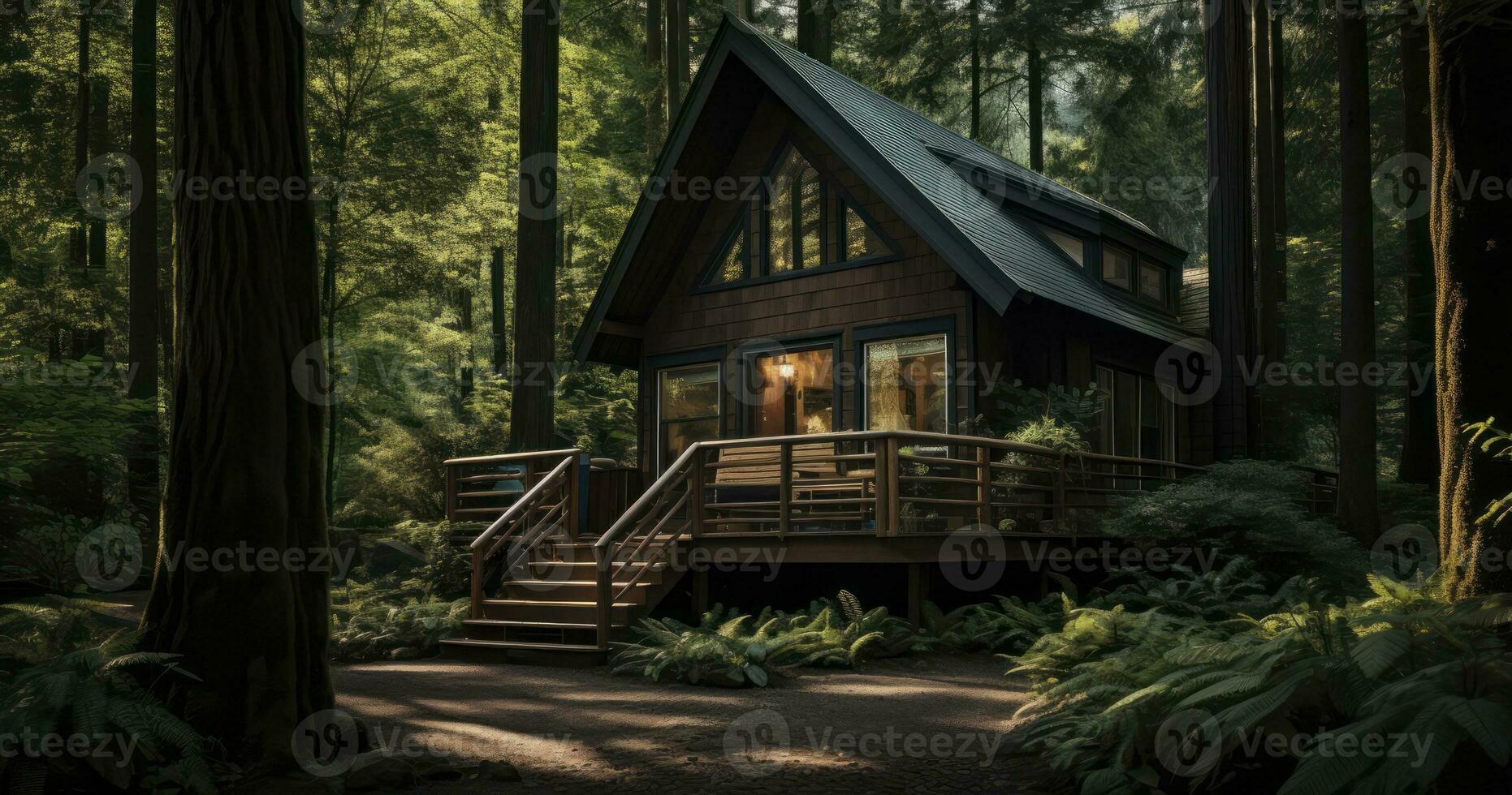 A secluded cabin in the woods, representing a peaceful getaway into nature. Generative AI photo
