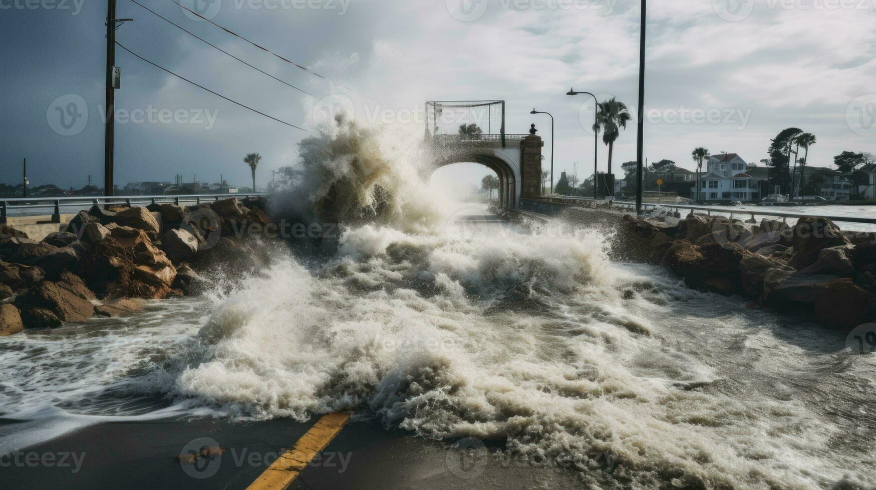 tormenta oleada espectáculo - agua estrellarse terminado puente durante huracán harvey. generativo ai foto