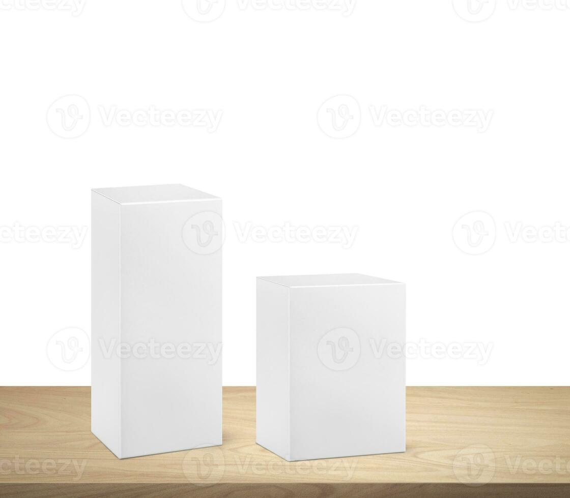 Empty box product packaging box mockup on a wooden table, white background. photo