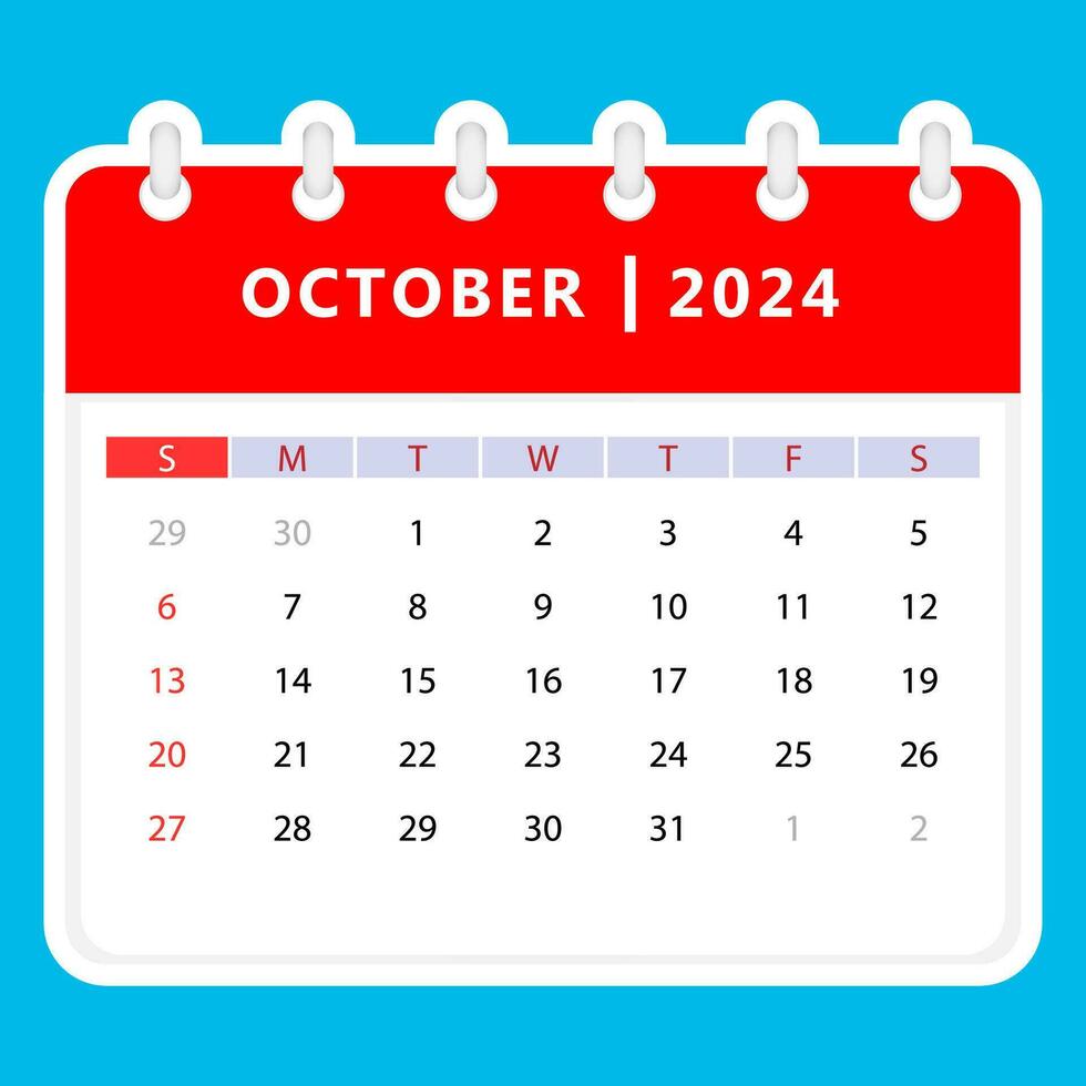 October 2024 calendar. Sunday start. Vector design