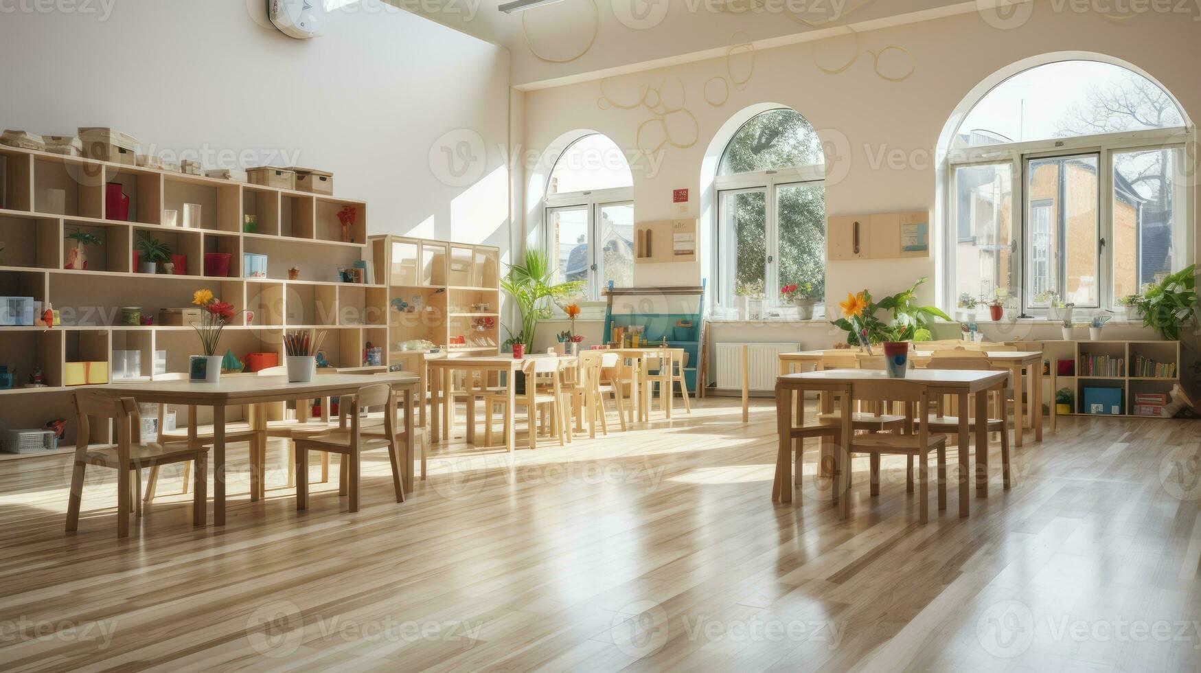 Empty modern preschool classroom. Generative AI photo