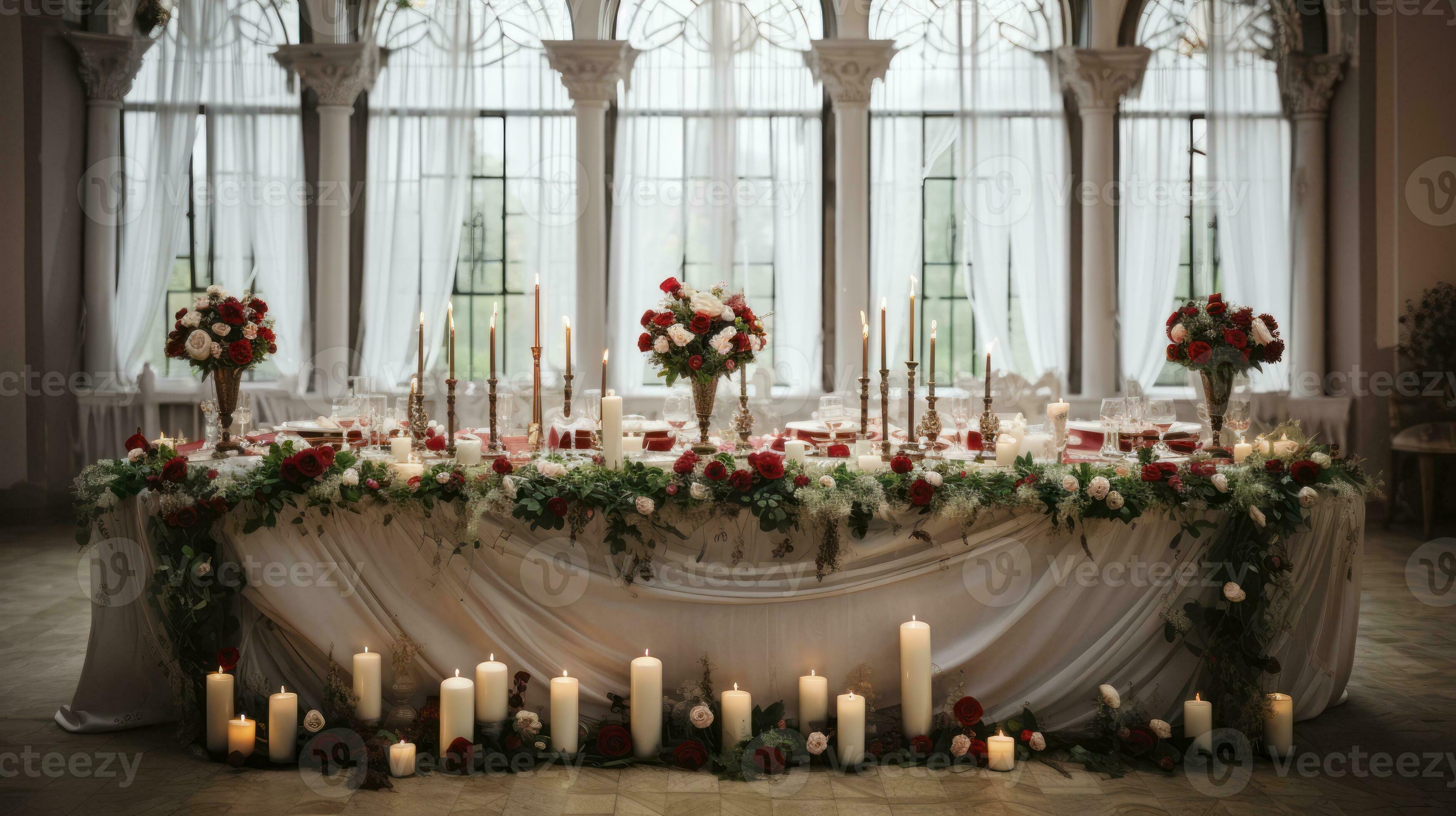 Festive table, arch, stand decorated with a composition of red, white  flowers and greenery, candles in the banquet hall. Generative AI 34906945  Stock Photo at Vecteezy