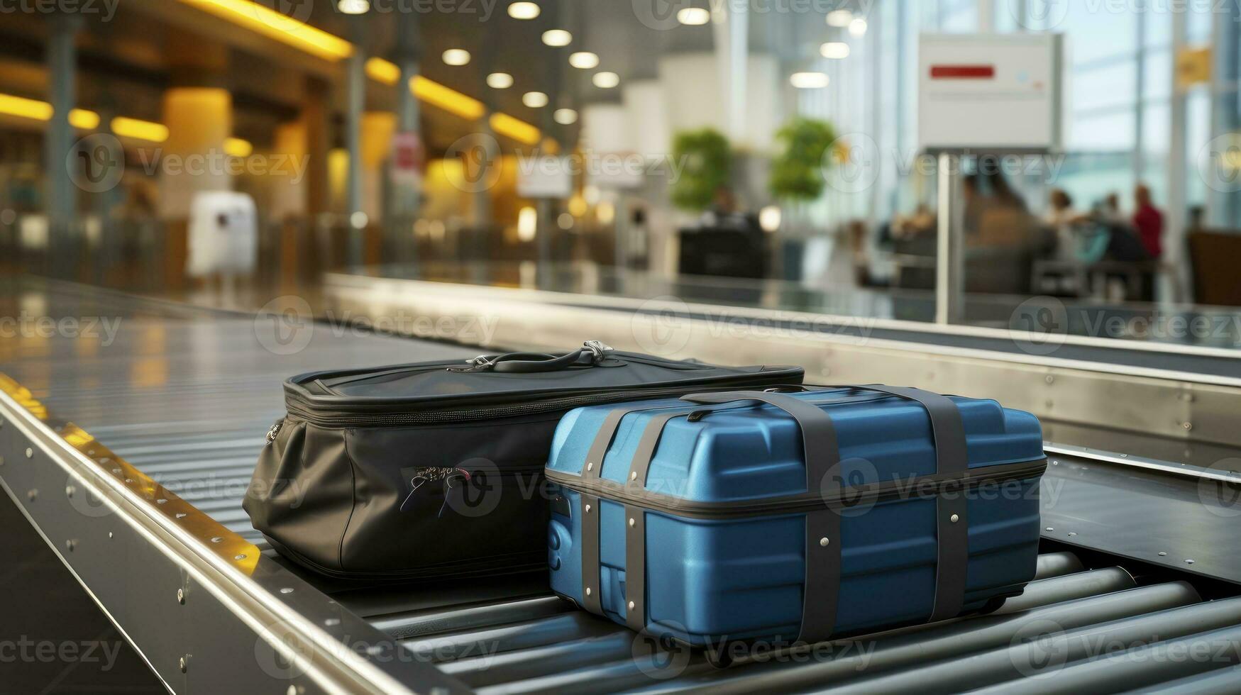 Luggages Moving On Airport Conveyor Belt At Airport. Circuits and Suitcases. Generative AI photo