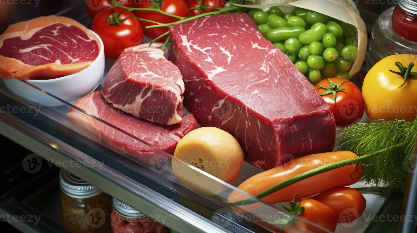 Cold Storage Elegance. Raw Meat's Place in the Open Refrigerator. Generative AI photo
