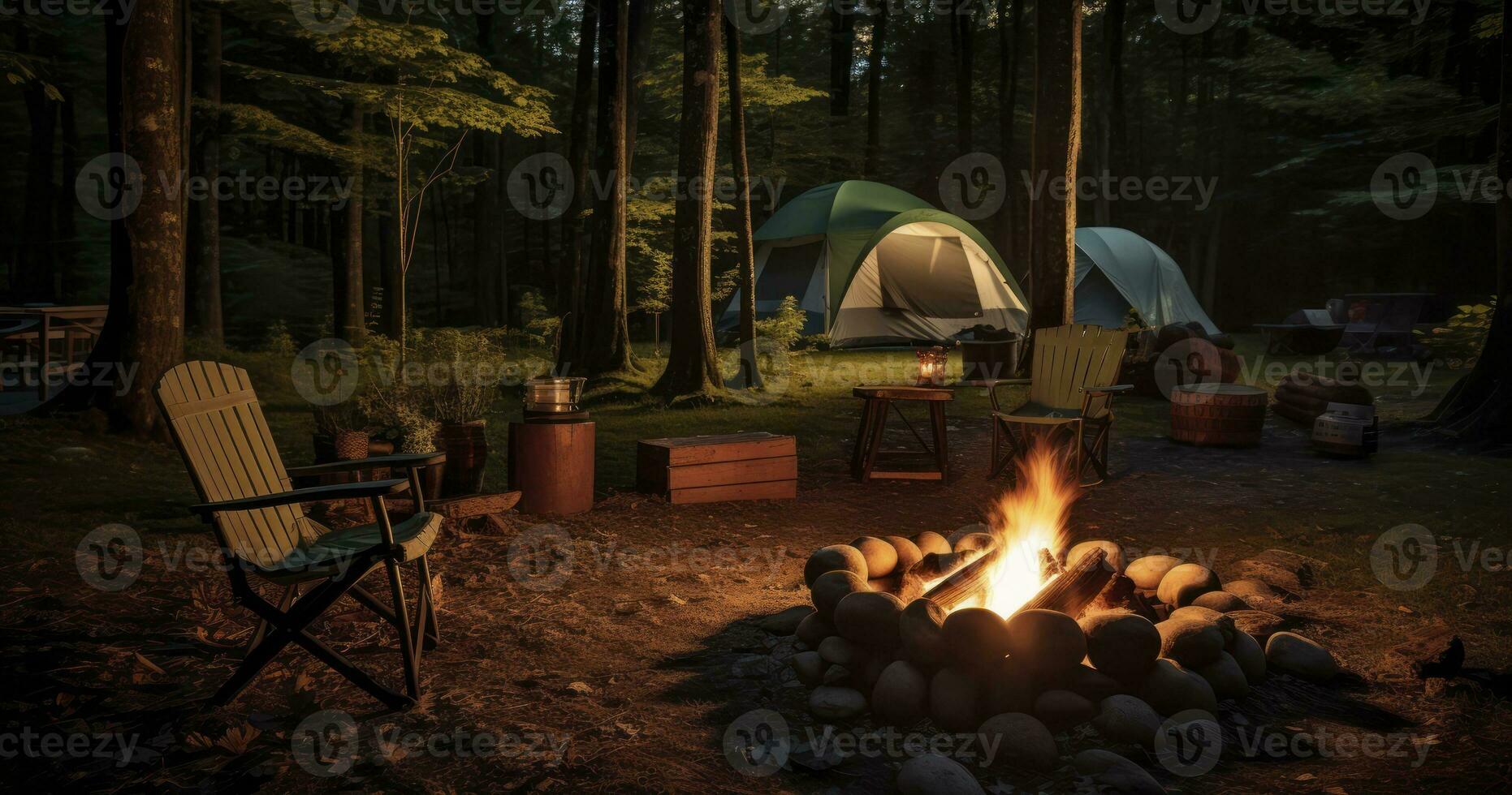 A serene campsite with a campfire and camping chairs offers a peaceful retreat in nature. Generative AI photo