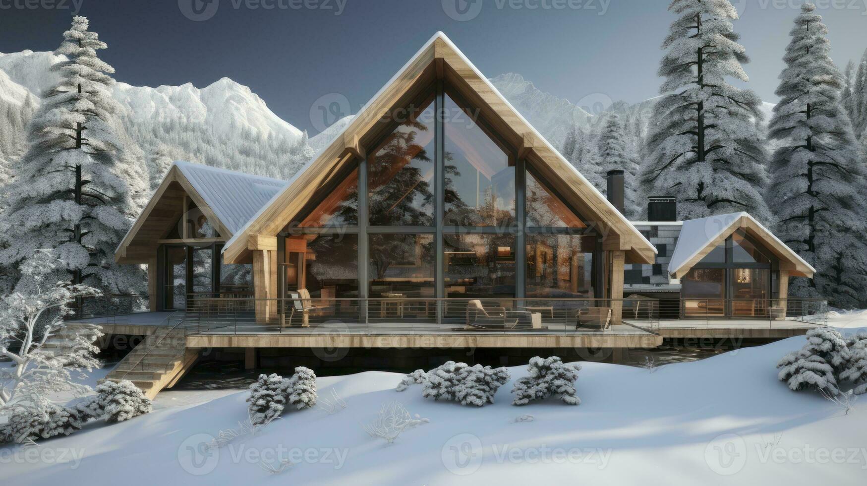 Contemporary Coziness. A Chalet's Modern Charm Amid Wintry Woods with Trees On Background. Generative AI photo