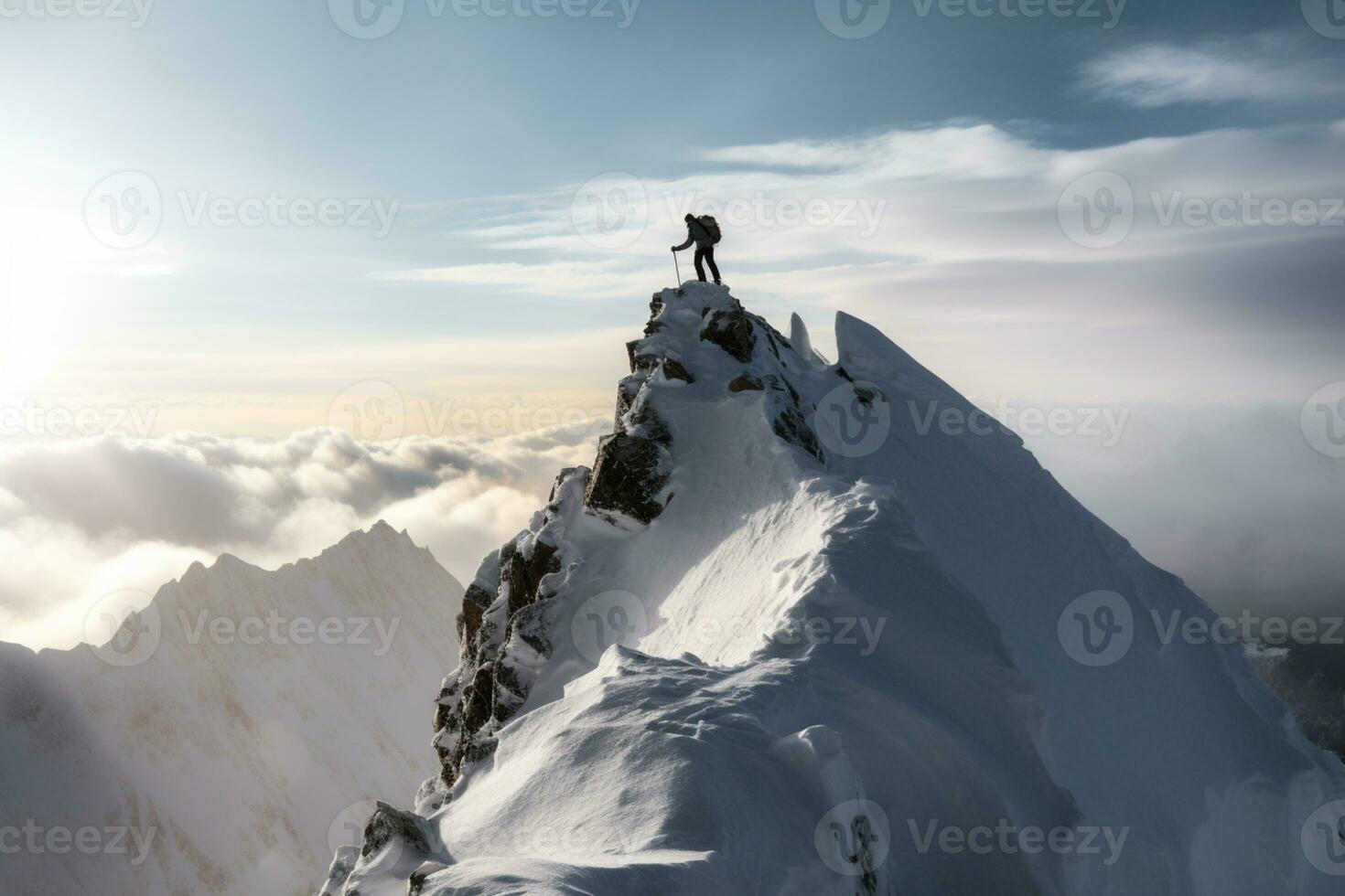 AI generated Hiker man with high altitude equipment at the top of the snowy mountain. photo