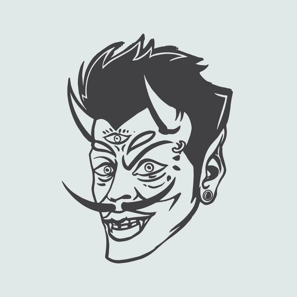 hand drawn illustration of a male devil with horns in a striking and cool style for logos, clothing businesses, and t-shirt or sticker prints, backgrounds, and clothing collection designs vector