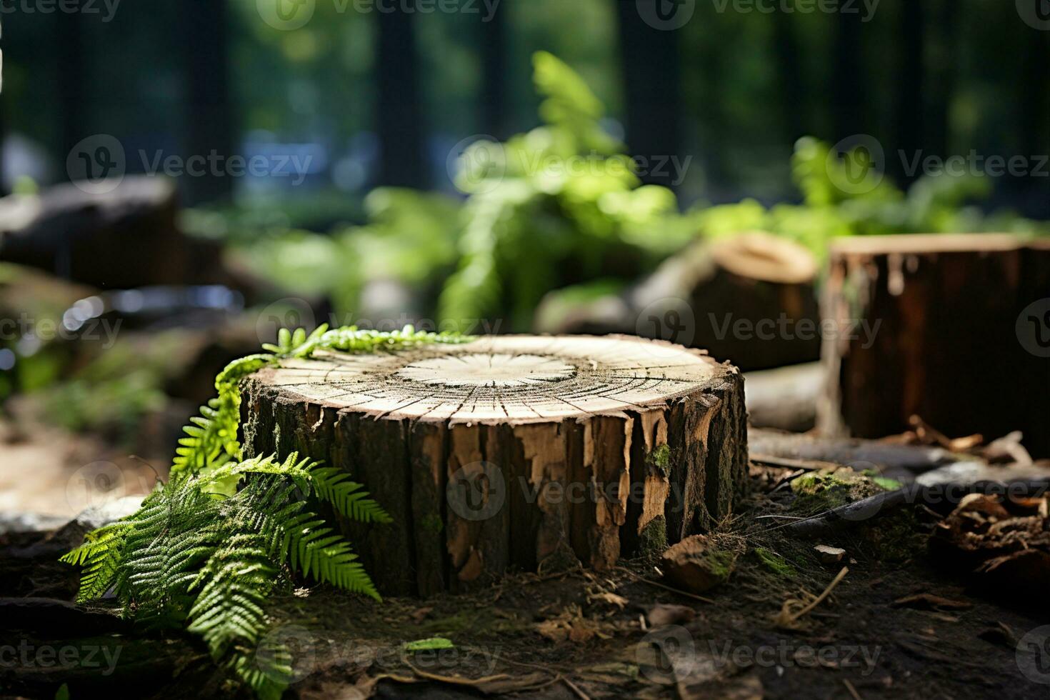 Composition of tree stump with blurred tropical background copy space AI Generated photo
