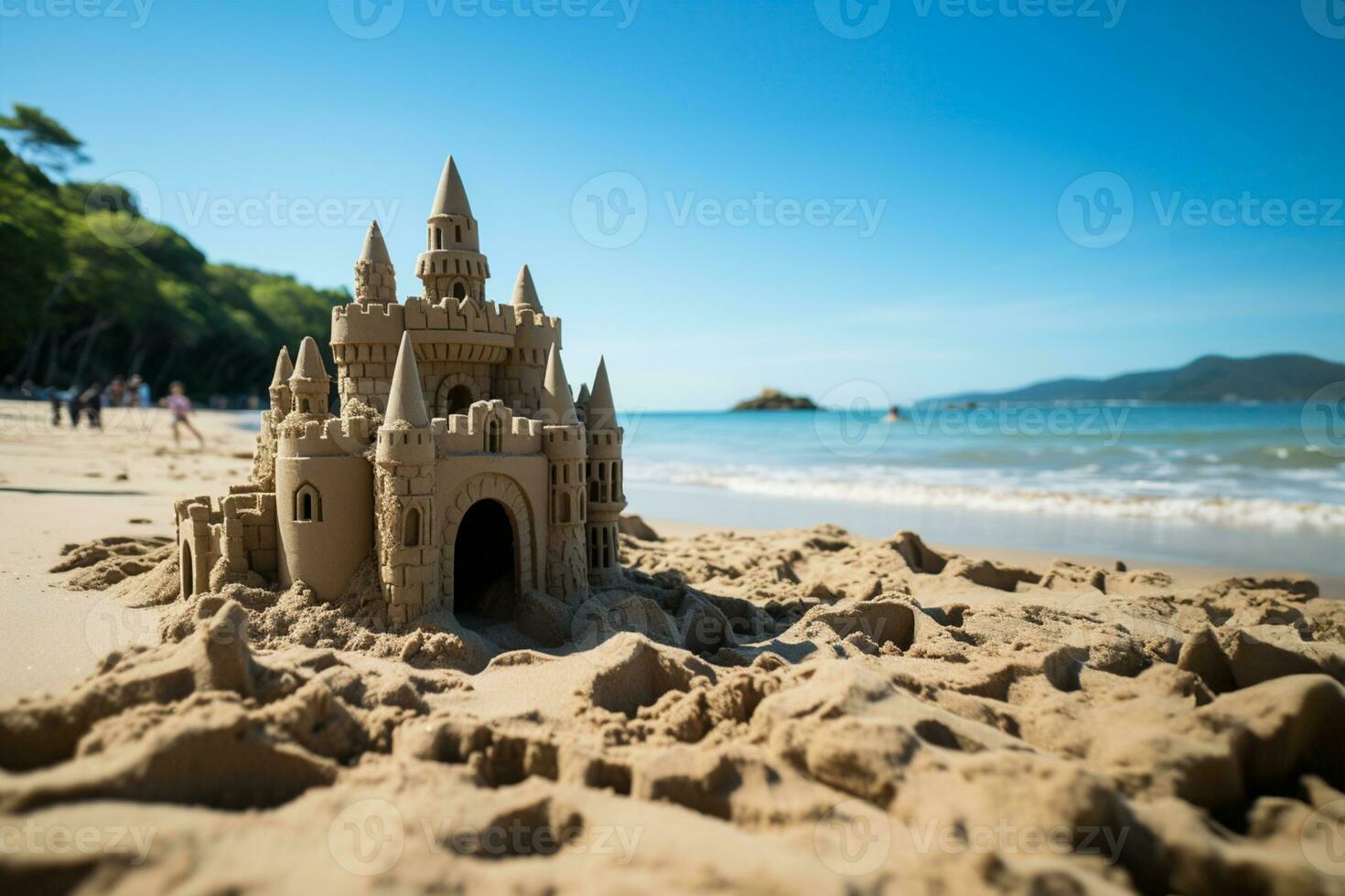 A unique sand castle with blurred beach background AI Generated photo