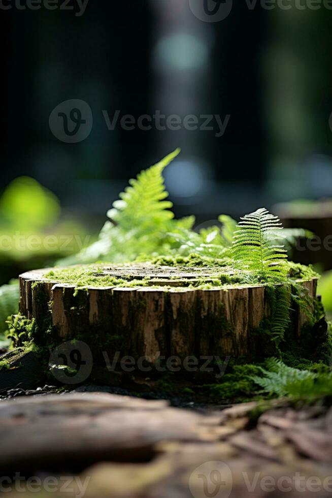 Composition of tree stump with blurred tropical background copy space AI Generated photo