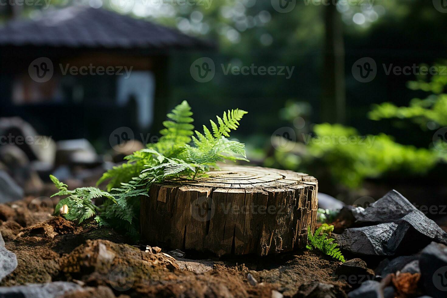 Composition of tree stump with blurred tropical background copy space AI Generated photo