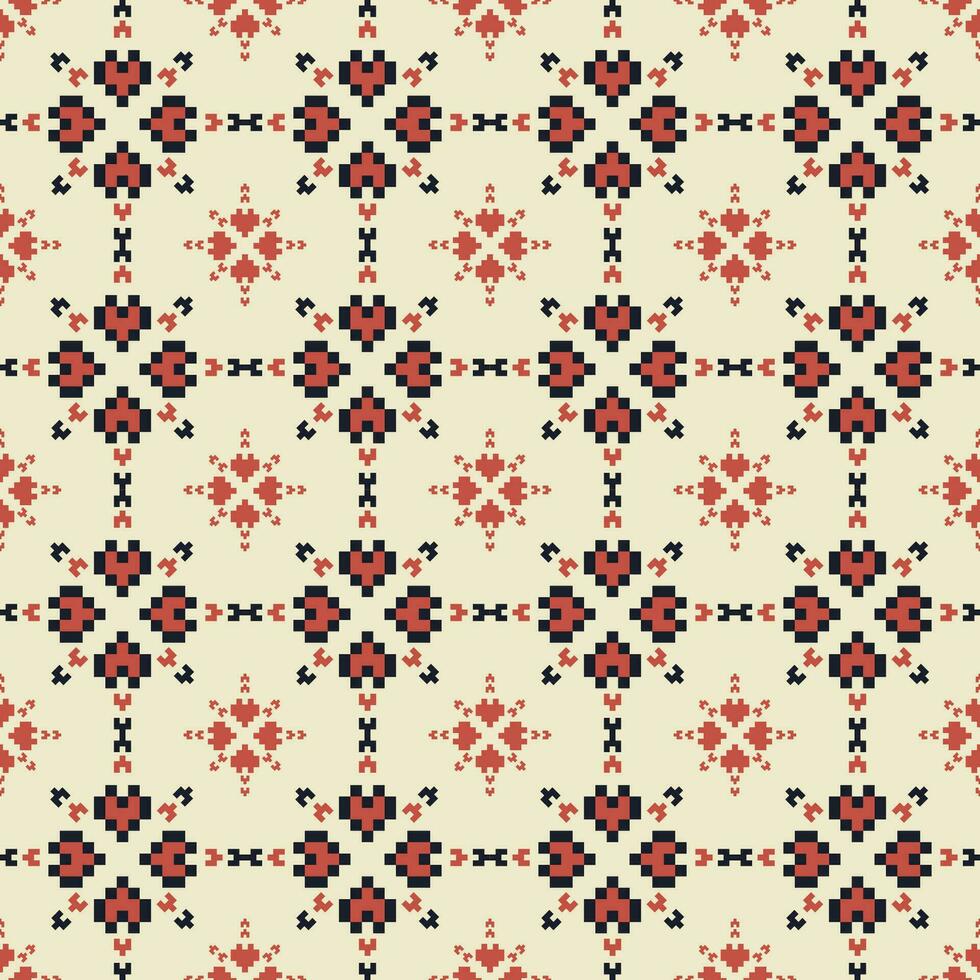 Geometric floral shape pixel grid pattern. Geometric floral embroidery square grid seamless pattern. Geometric pixel pattern use for fabric, textile, home decoration elements, upholstery, etc. vector