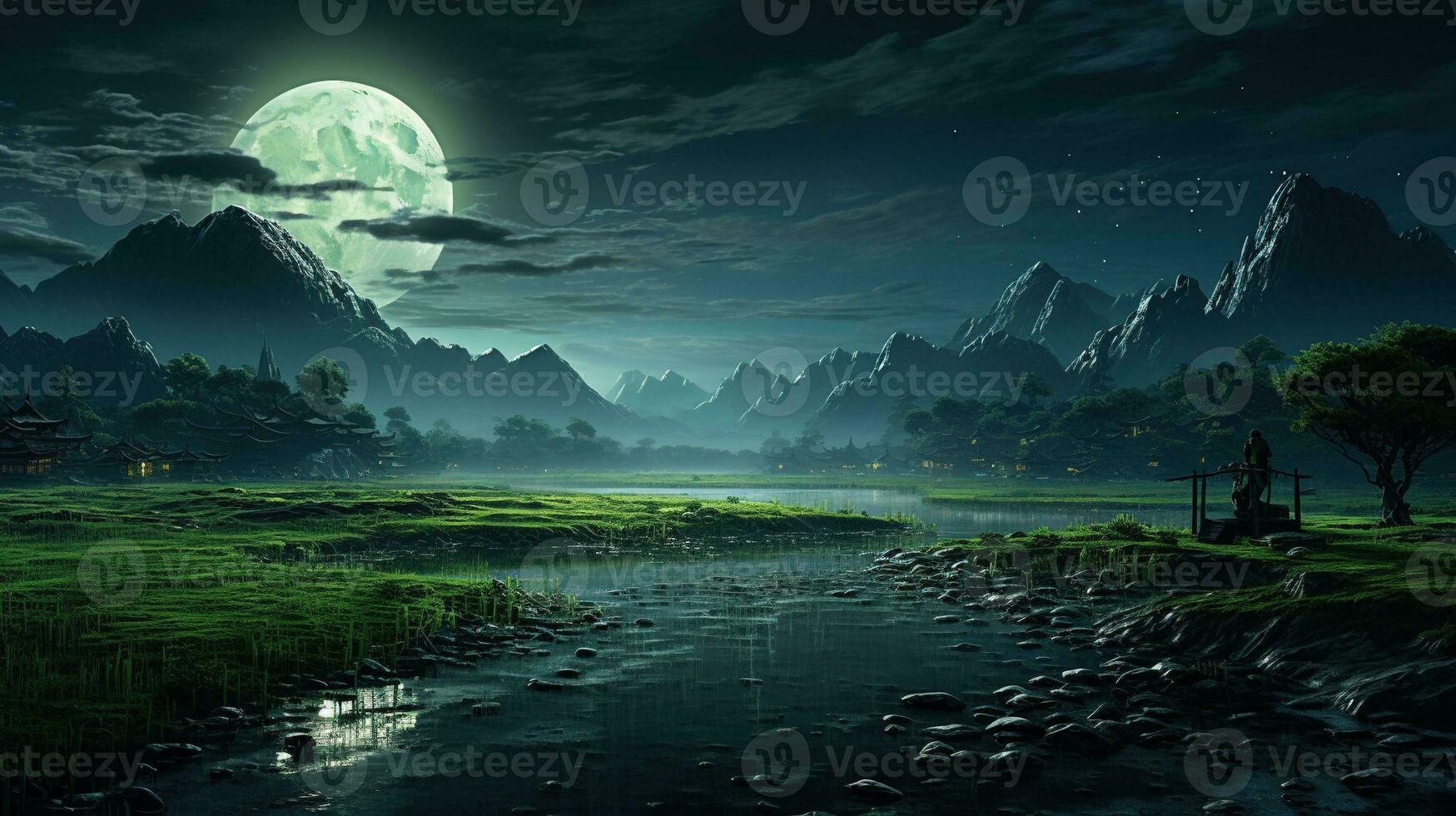 AI generated lunar glow over rice terraces, digital art illustration, Generative AI photo